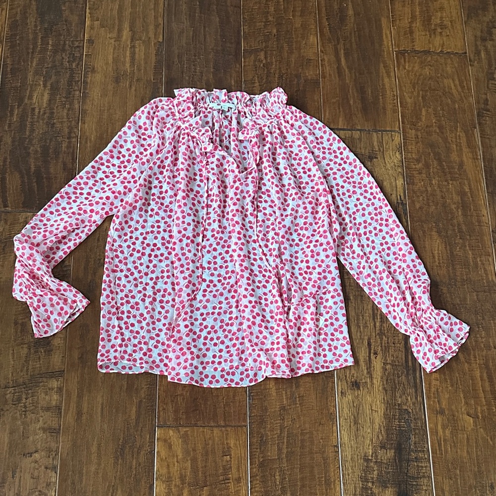 Boden Pink Polka Dot Ruffle Blouse